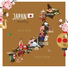 Decorative tourist map of Japan with traditional symbols of culture, art, history, architecture. Silhouette of the asian country isolated on beige. Banner concept about tourism. Vector illustration