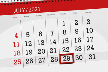 Calendar planner for the month july 2021, deadline day, 29, thursday