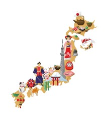 Decorative tourist map with traditional Japanese symbols, architecture, nature isolated on white. Silhouette of the country of Japan with cities for travel guides, souvenirs. Vector illustration