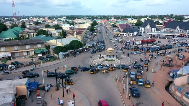 A crowded traffic roundabout in Katsina, Northern Nigeria - aerial view