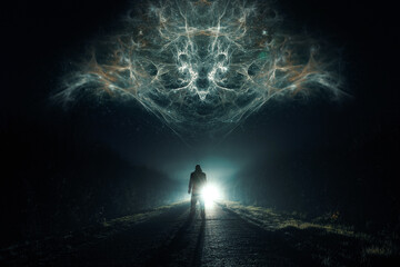 A man looking at a glowing  UFO alien floating in the sky. On a spooky country road on a winters...