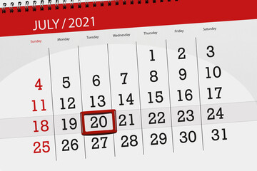 Calendar planner for the month july 2021, deadline day, 20, tuesday
