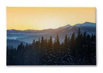 Photo printed on canvas, white background. Beautiful mountain landscape with forest in winter