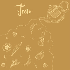 Hand-drawn sketch kettle with tea leaves and flowers.