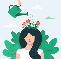 Psychology, mental health concept. Flowers and plants grow from woman’s head. Human hand watering them. Vector illustration  © oxyggen