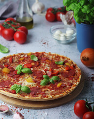 Pizza with salami and basil