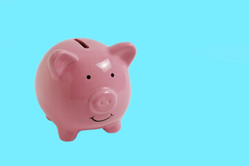 Pink Piggy Bank on Blue Background