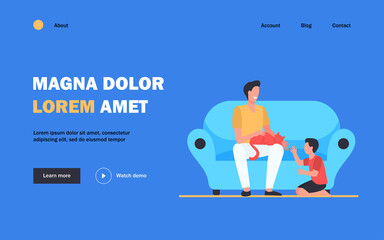 Happy dad with son and cat at home. Family enjoying leisure time together flat vector illustration. Parenthood, pet care, father concept for banner, website design or landing web page