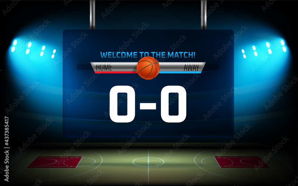 Aufkleber begin of basketball match graphic elements. illuminated basketball arena with scoreboard