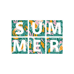 Summer holiday cards. Hand drawn beautiful posters with, exotic leaves in trendy style. Vector illustrations