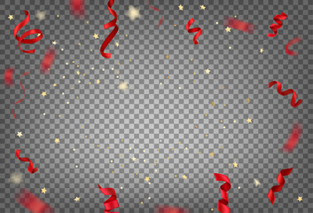 Red flying ribbons and confetti on transparent background. Anniversary frame template