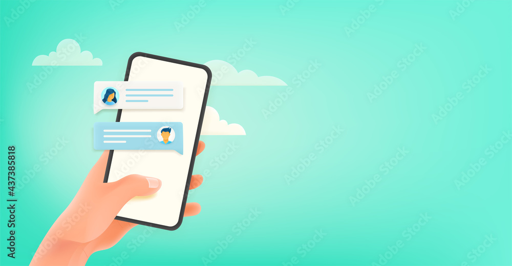 Poster Man using messenger via modern smartphone. Horizontal banner with copy space