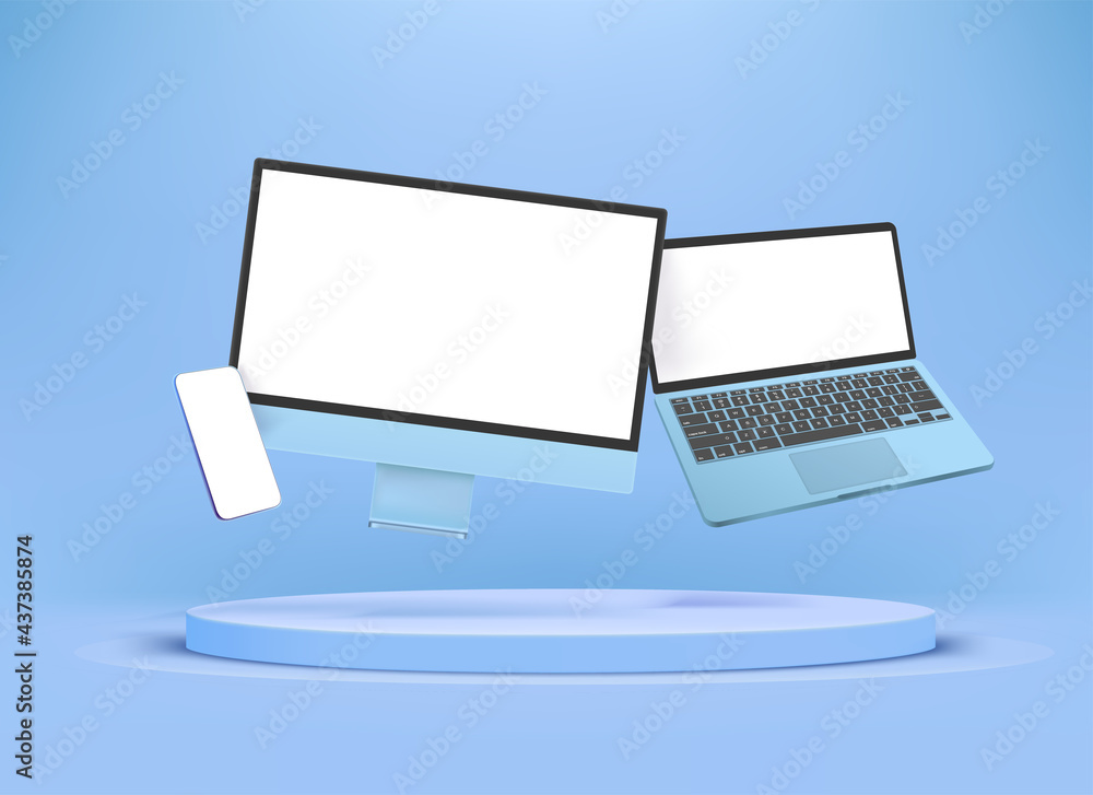 Poster modern blue smartphone, laptop and desktop computer with blank screens. levitation effect