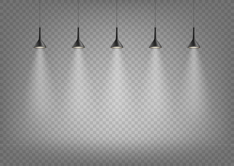 Spotlights on transparent background. Lamps on a stage. Template for design