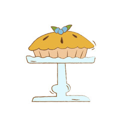 Hand drawn cute blueberry pie with blueberries on top on a glass plate, isolated vector illustration on white background