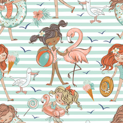 Seamless pattern with cute girls and flamingos on the beach. Striped background
