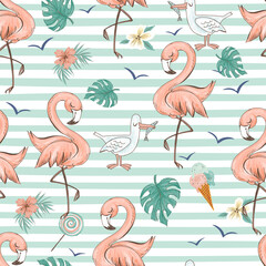 Seamless pattern with cute tropical pink flamingos. Striped background.