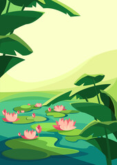 Landscape with blooming lotuses. Natural scenery in vertical orientation.
