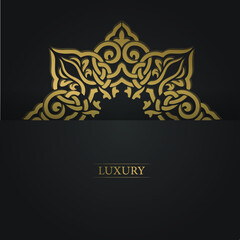 Gold arabic ornament greeting card on a black background. 
Black style background with golden frame. Template for logo, name of the company, typography. Golden luxury product label. Web icon banner