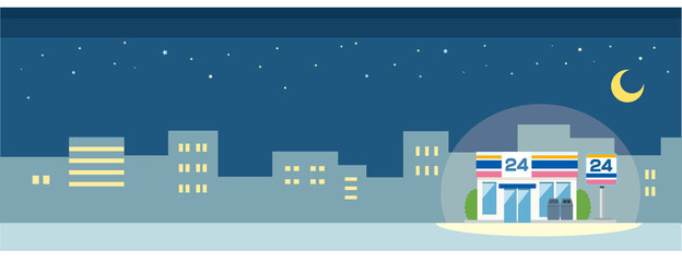 コンビニのある街の夜の風景イラスト素材
