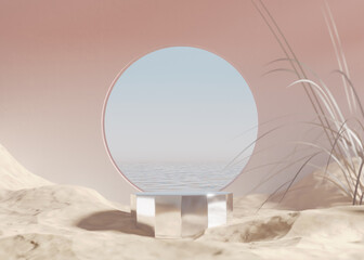 3D podium display with ocean, sand beach. Pastel beige background, circle frame. Cosmetic, beauty product promotion mockup. Natural shadow, step pedestal. Summer Minimal banner 3D render illustration.