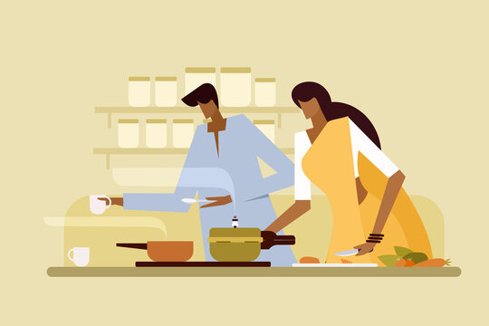Illustration of an Indian couple cooking in their kitchen