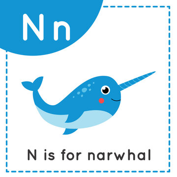 Learning English alphabet for kids. Letter N. Cute cartoon narwhal.