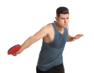 Handsome man with table tennis racket on white background. Ping pong player