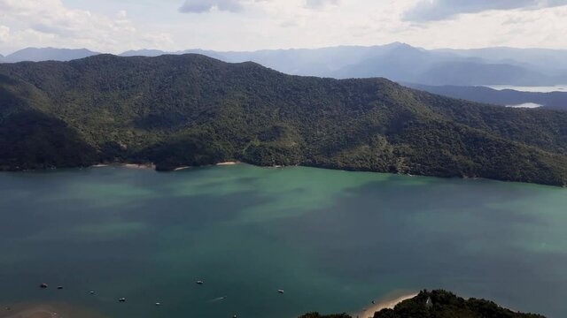 panoramic of tropical fiord in Paraty, Rio de Janeiro, Brazil, from the Pao de Acucar peak in Saco do Mamangua