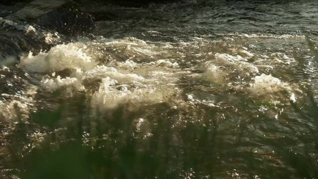 Bubbling river stream during evening sunset vibe with grass and shadows 4K 120p slow motion