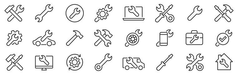 Repair line icons set. Screwdriver, Wrench, Hammer. Auto service. Vector - 437387406