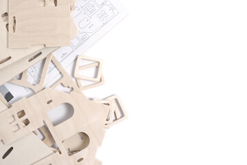 Details and instructions, constructor of prefabricated wooden orphanage on white background.