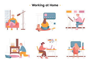 Young guys and girls work in their homes with computers. A girl with a brush in her hands sits at home in front of an easel and draws a picture. A guy puts firewood in the fireplace. Set of people.