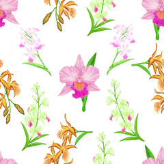Fototapeta na wymiar Pink Cattleya orchid flower blossom seamless pattern on white and clipping path