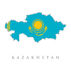 Kazakhstan Logo. Map of Kazakhstan with country name and flag. Powerful vector illustration. High Detailed Map Flag of Kazakhstan isolated on white background. Vector illustration eps 10.