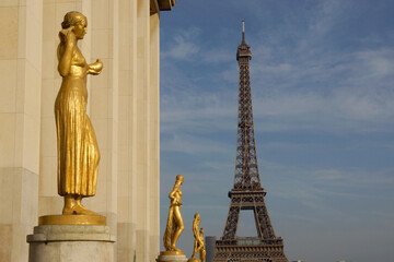 Fototapeta na wymiar Paris (France). Sculpture in the Trocadero square next to the Eiffel Tower in the city of Paris