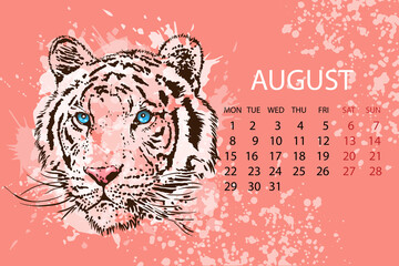 
2022 August , calendar month with a tiger's head. Contour graphics on an abstract background of imitation of watercolor texture. Vector illustration.
