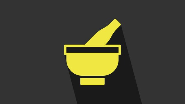 Yellow Mortar and pestle icon isolated on grey background. 4K Video motion graphic animation