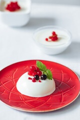 Fresh Panna Cotta with currant on top  with green leaves
