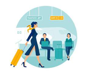 Vector of an elegant business woman with a suitcase walking in airport terminal