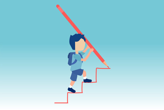 Vector of a boy drawing rising up staircase with a huge pencil and climbing up the ladder.