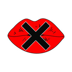 Obraz premium Red lips and black cross on white background, silence symbol, vector illustration