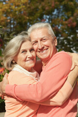 smiling senior couple embracing  in autumn  park