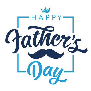 Happy Fathers Day calligraphy lettering quote banner with mustache and crown. Vector greeting illustration with handwritten text, blue crown and moustache for best Dad in the world