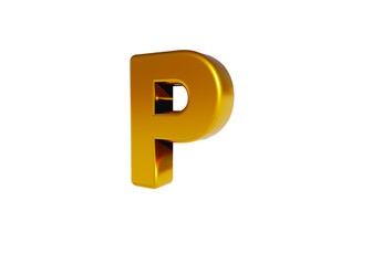 Volumetric glossy Golden Metallic uppercase letter P isolated on white background. 3D rendered alphabet. Modern font for banner, poster, cover, logo design template element.