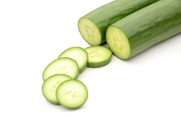 closeup the pair of sliced green ripe cucumber isolated on white background.