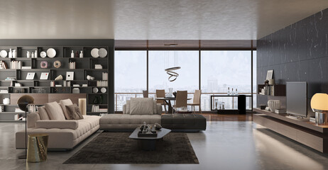 Illustration 3D rendering large luxury modern bright interiors Living room mockup computer digitally generated image