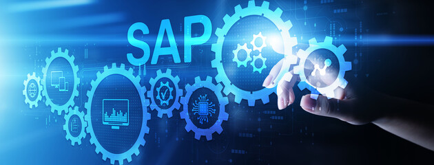 SAP software business process automation. ERP enterprise resource planning system on virtual screen.