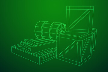 Supplies cargo concept. Pile boxes and barrels. Wireframe low poly mesh vector illustration.