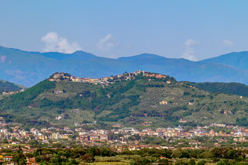 Stunning panoramic view of the ancient village of Montecatini Alto, Pistoia, Italy, seen from Montecarlo, Lucca - obrazy, fototapety, plakaty